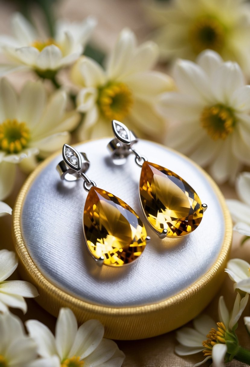 Yellow citrine teardrop earrings glistening on a satin cushion, surrounded by delicate flowers and a soft golden glow