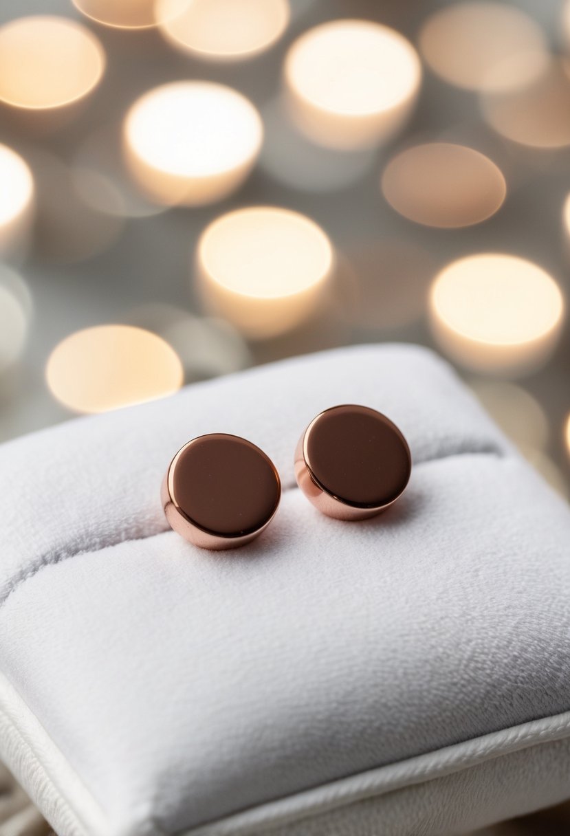 A pair of simple rose gold studs on a white velvet cushion