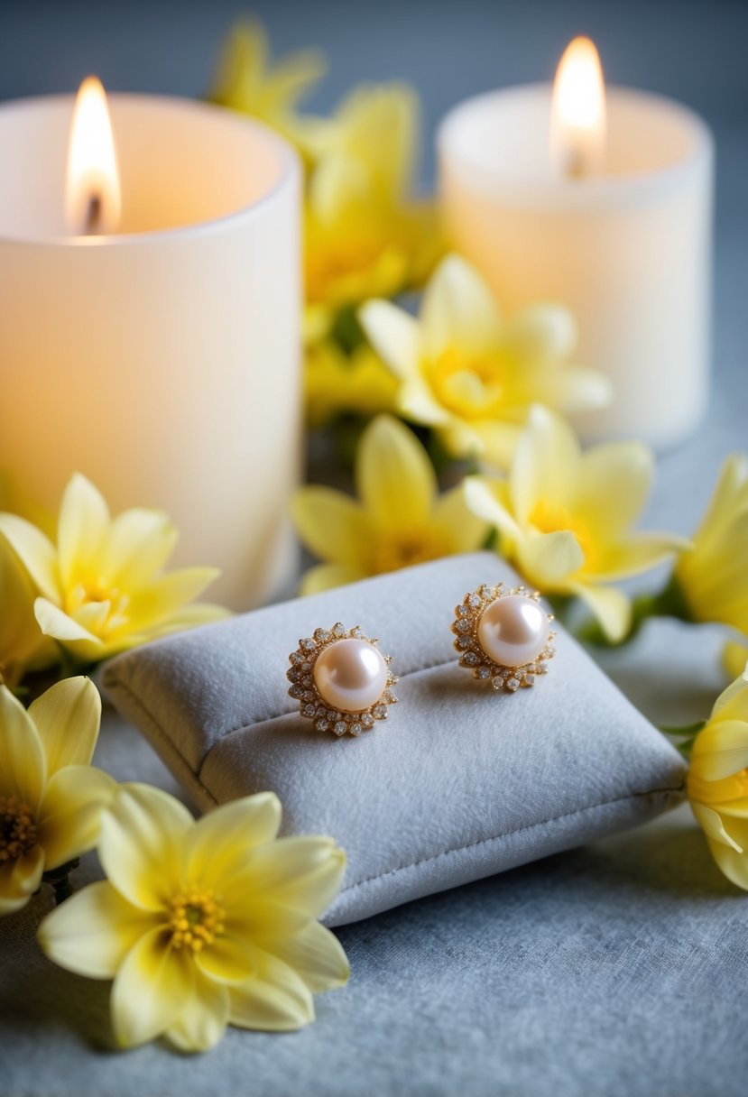 Two golden pearl studs displayed on a velvet cushion, surrounded by delicate yellow flowers and soft candlelight