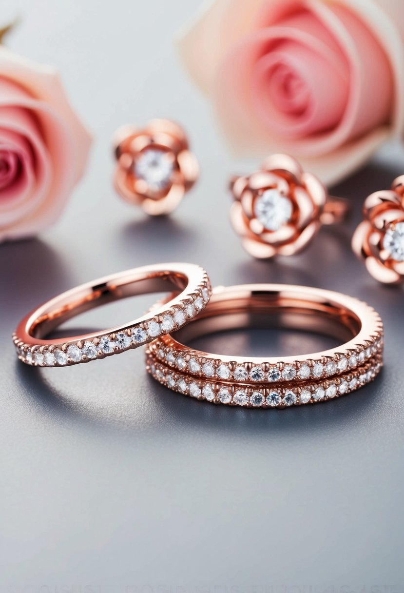 Rose gold rings adorned with sparkling crystals, arranged alongside delicate rose wedding earrings