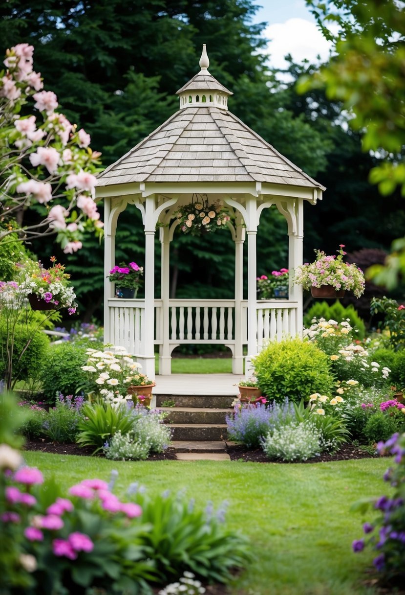 A quaint garden with a charming gazebo, surrounded by blooming flowers and lush greenery, providing an intimate and picturesque setting for a small wedding