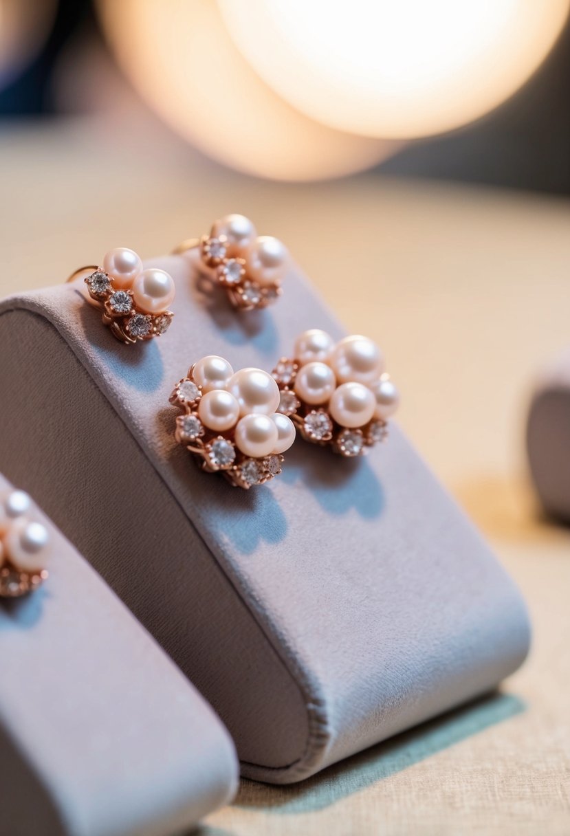 A close-up of pearl and rose gold cluster earrings on a velvet display, with soft lighting highlighting their intricate design