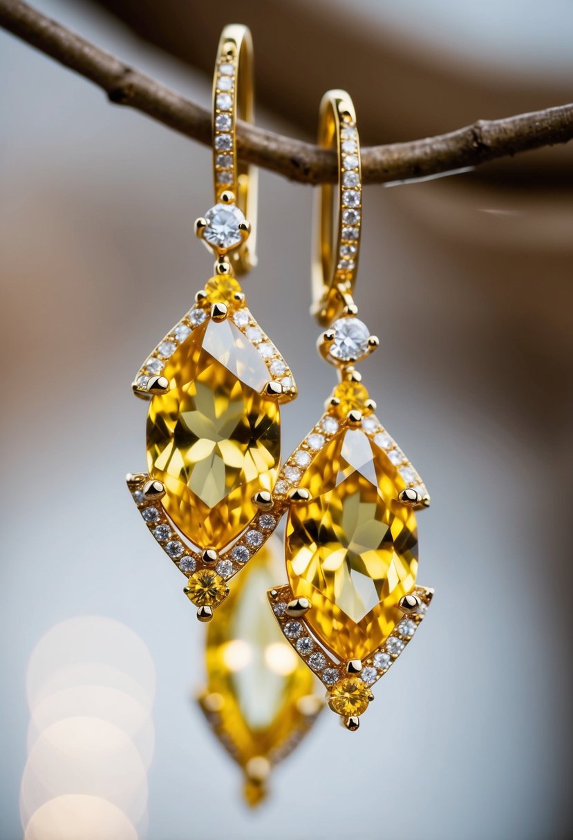 Shimmering yellow gemstones dangle from delicate gold settings, catching the light in a stunning display of elegance and beauty