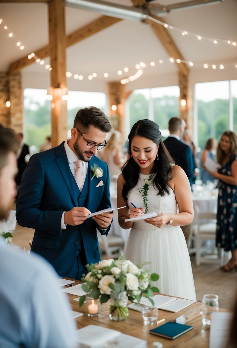 A couple browsing through various venues, taking notes and discussing options for their small wedding