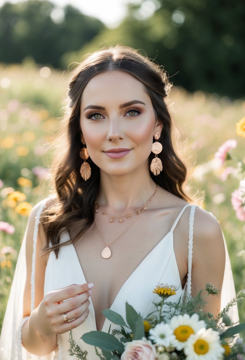 A bohemian bride holds rose gold dangle earrings, surrounded by wildflowers and soft sunlight