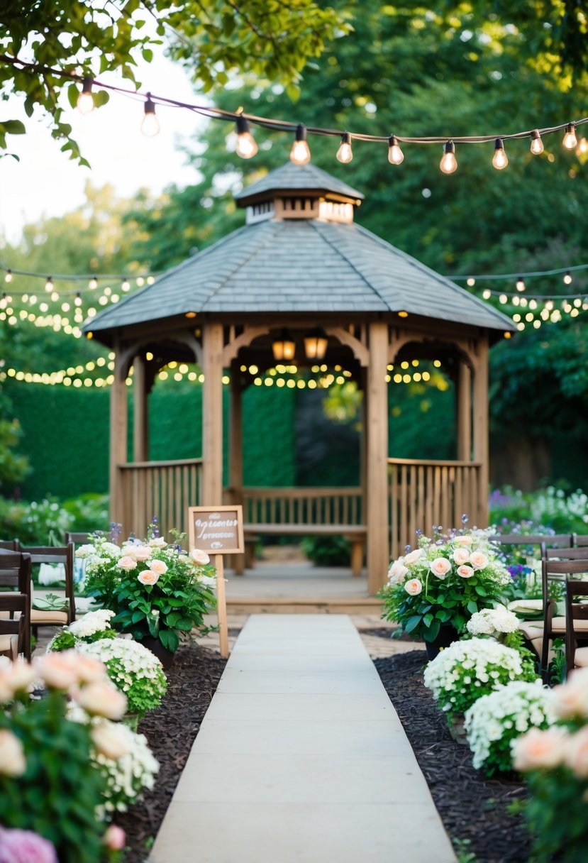 A cozy, intimate garden with a charming gazebo, surrounded by blooming flowers and twinkling string lights. A small wooden sign points the way to the ceremony area