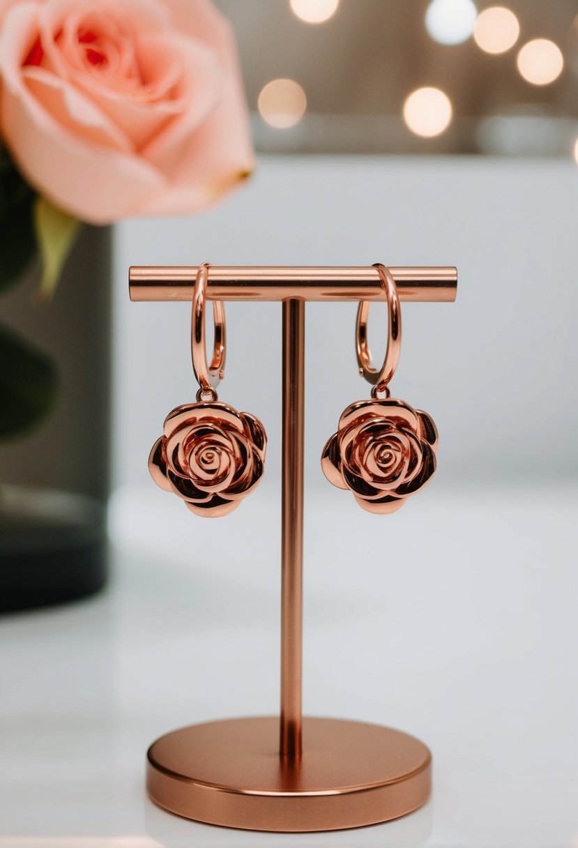 A sleek, modern rose gold earring display with rose designs