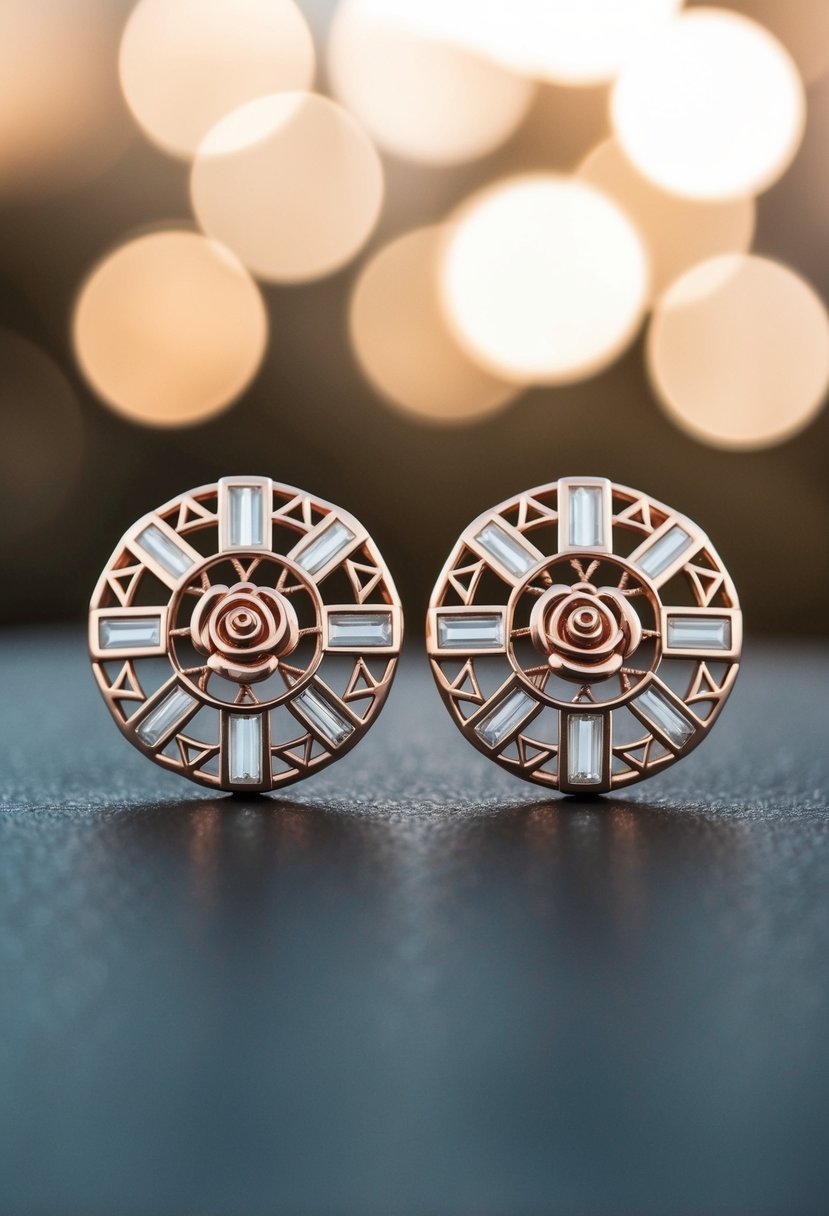 A pair of intricate rose gold earrings with Art Deco-inspired design, featuring delicate rose motifs and geometric patterns