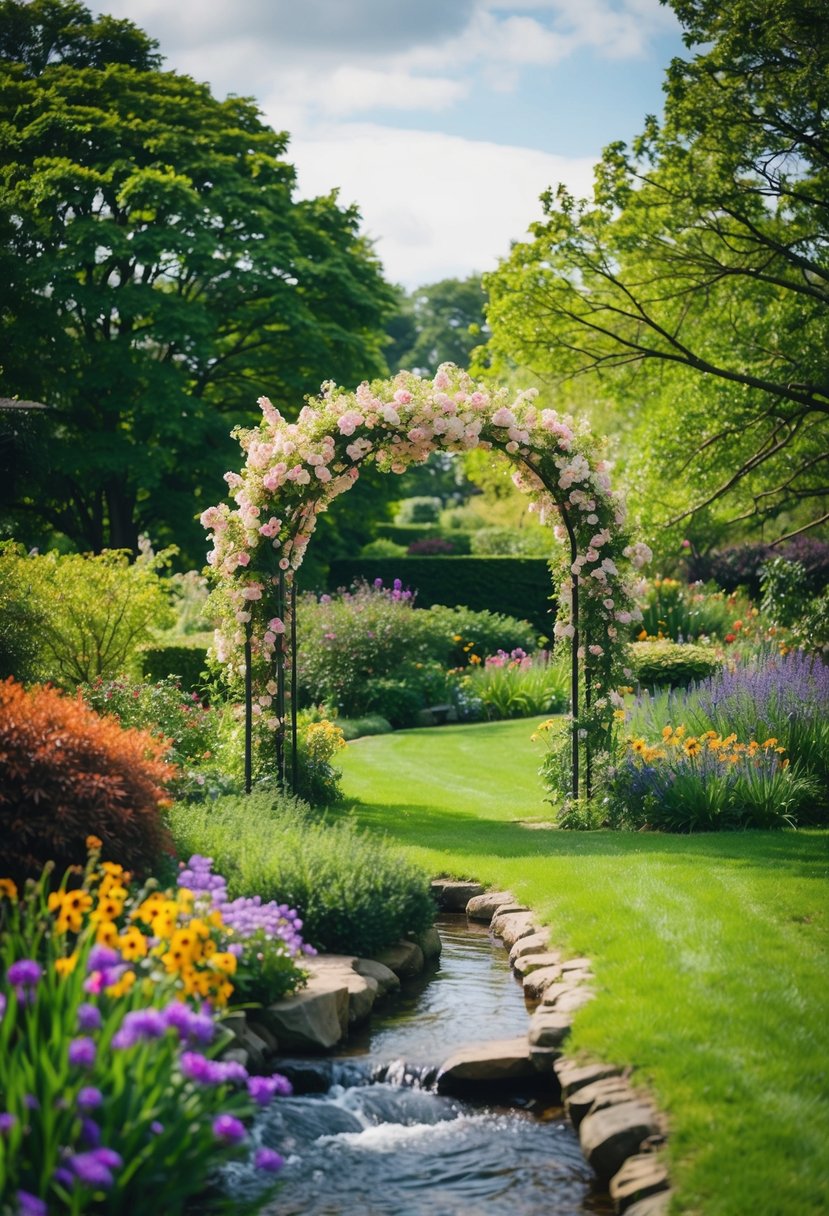 A serene garden with a blooming archway and a gentle stream, surrounded by lush trees and colorful flowers