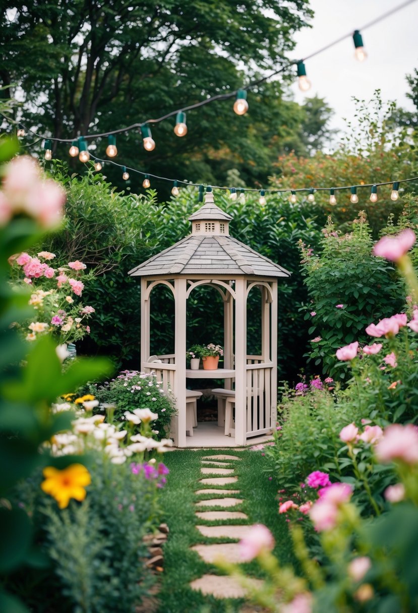 A cozy, intimate garden setting with string lights and a small gazebo nestled among blooming flowers and lush greenery