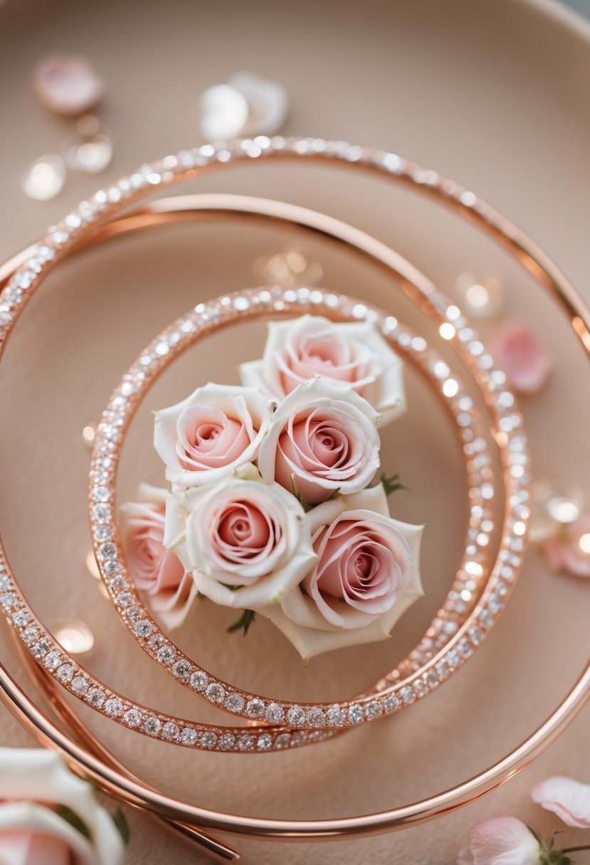 Rose gold circles intertwined with delicate roses, sparkling with elegance