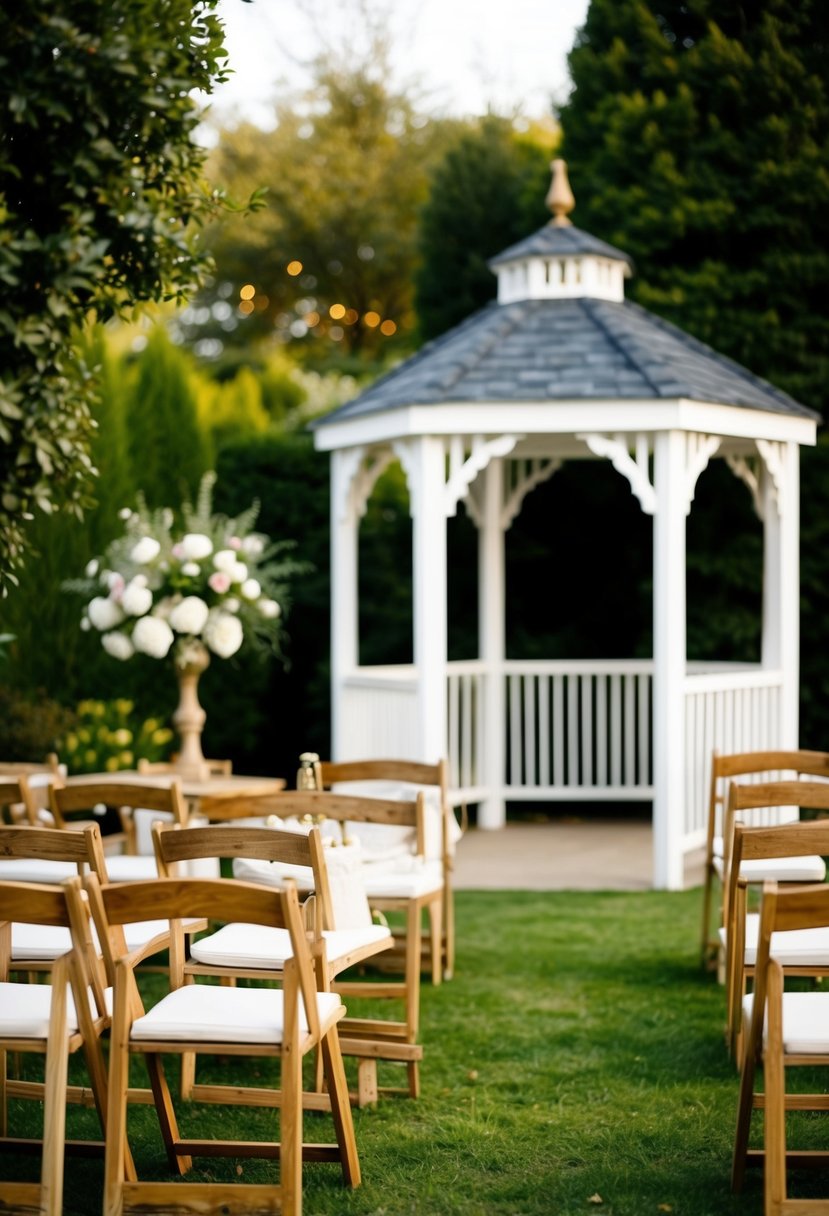 A cozy outdoor garden with a gazebo and seating for a small wedding