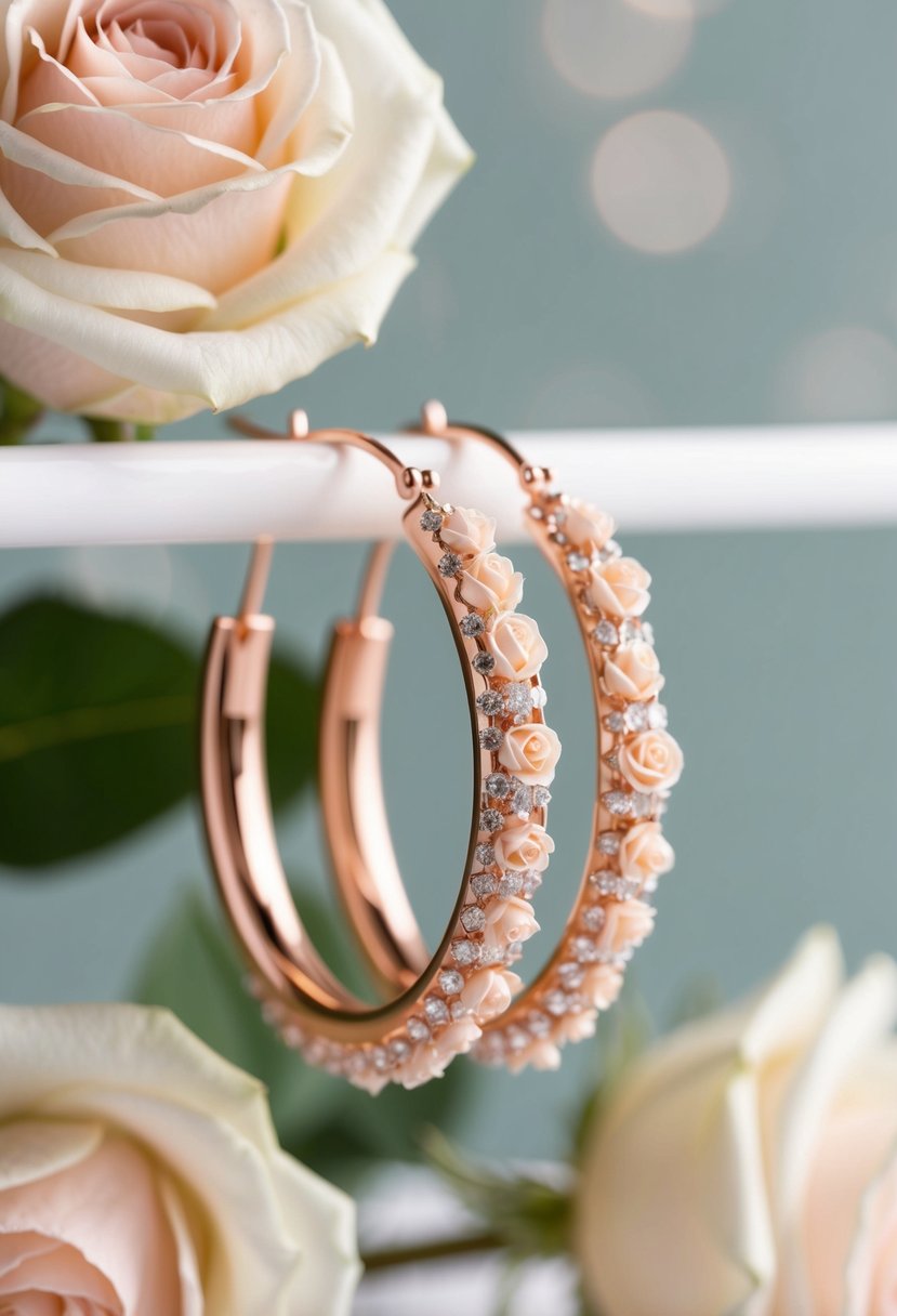 A pair of rose gold hoop earrings adorned with delicate bridal roses, set against a soft, romantic background