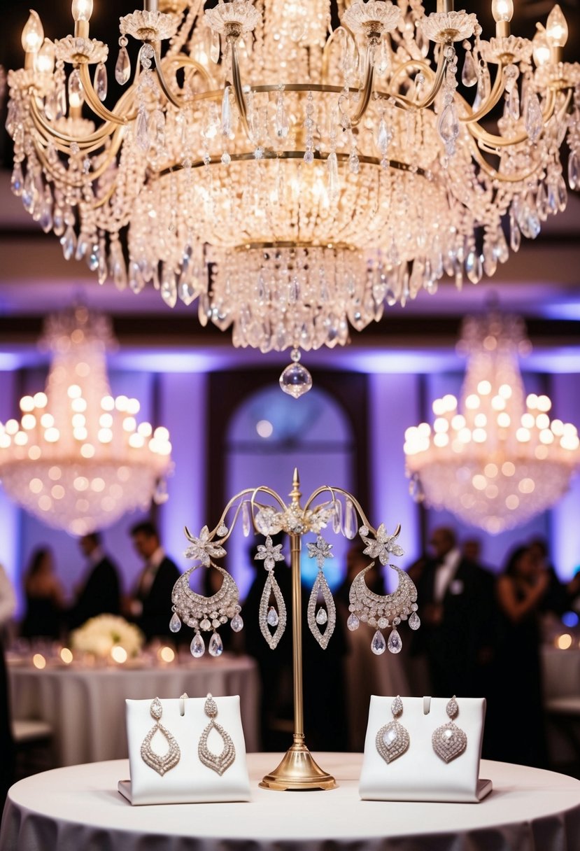 A grand chandelier illuminates a wedding reception, showcasing elegant earring designs on a display table