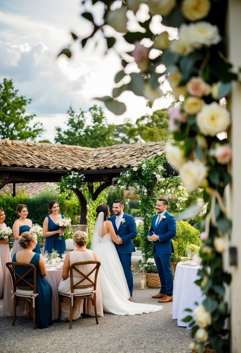 A cozy, intimate venue with elegant decor and a picturesque outdoor setting. A small wedding party enjoys a romantic atmosphere with budget-friendly touches