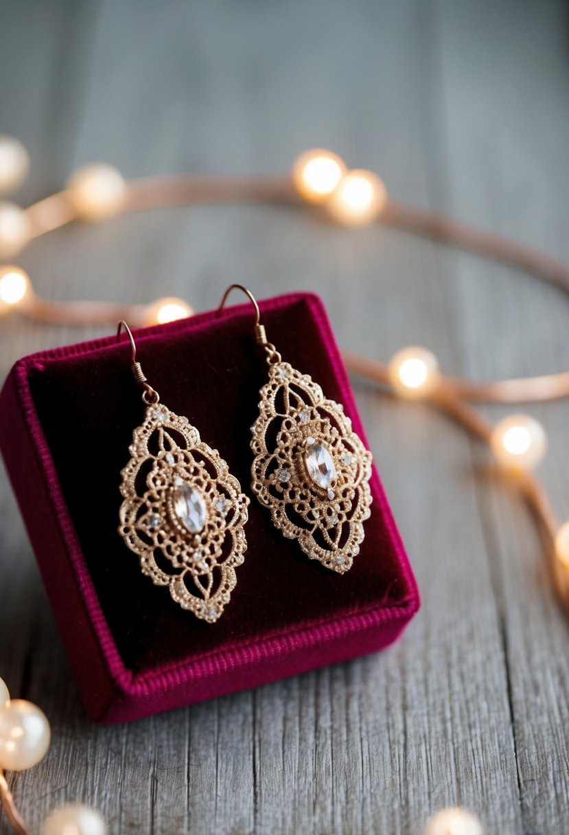 A pair of antique rose gold lace earrings displayed on a velvet cushion with soft lighting