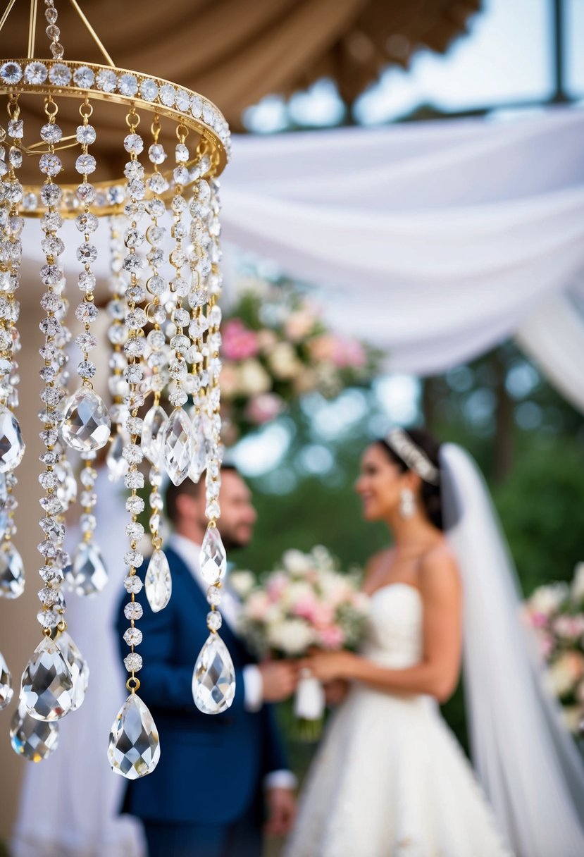 A sparkling chandelier earring design with cascading crystal drops, set against a romantic wedding backdrop