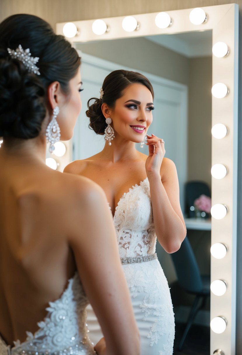 A bride wearing statement chandelier earrings, standing in front of a mirror admiring her bold wedding look