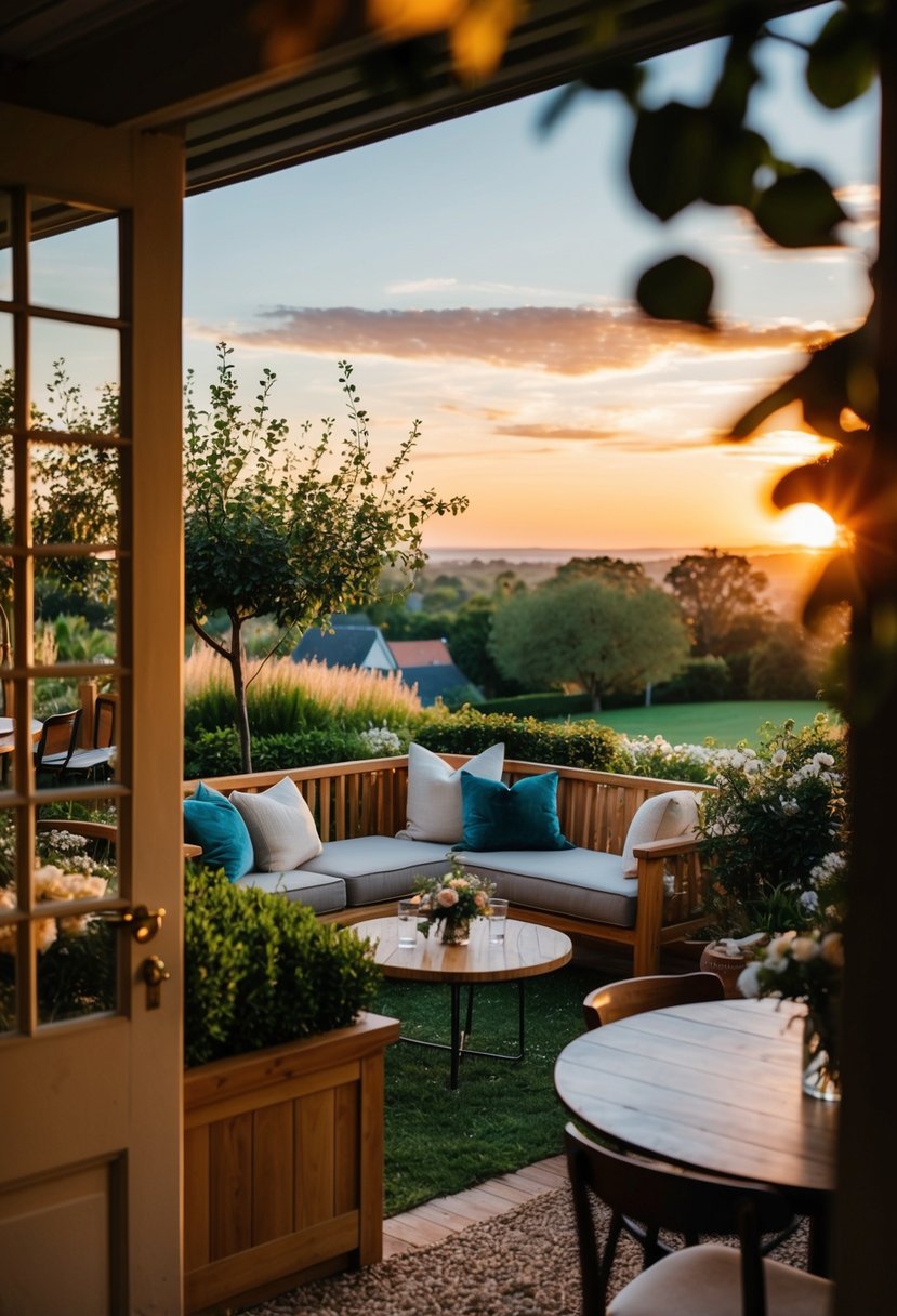 A cozy, intimate venue with a charming outdoor garden, elegant interior, and a picturesque view of the sunset