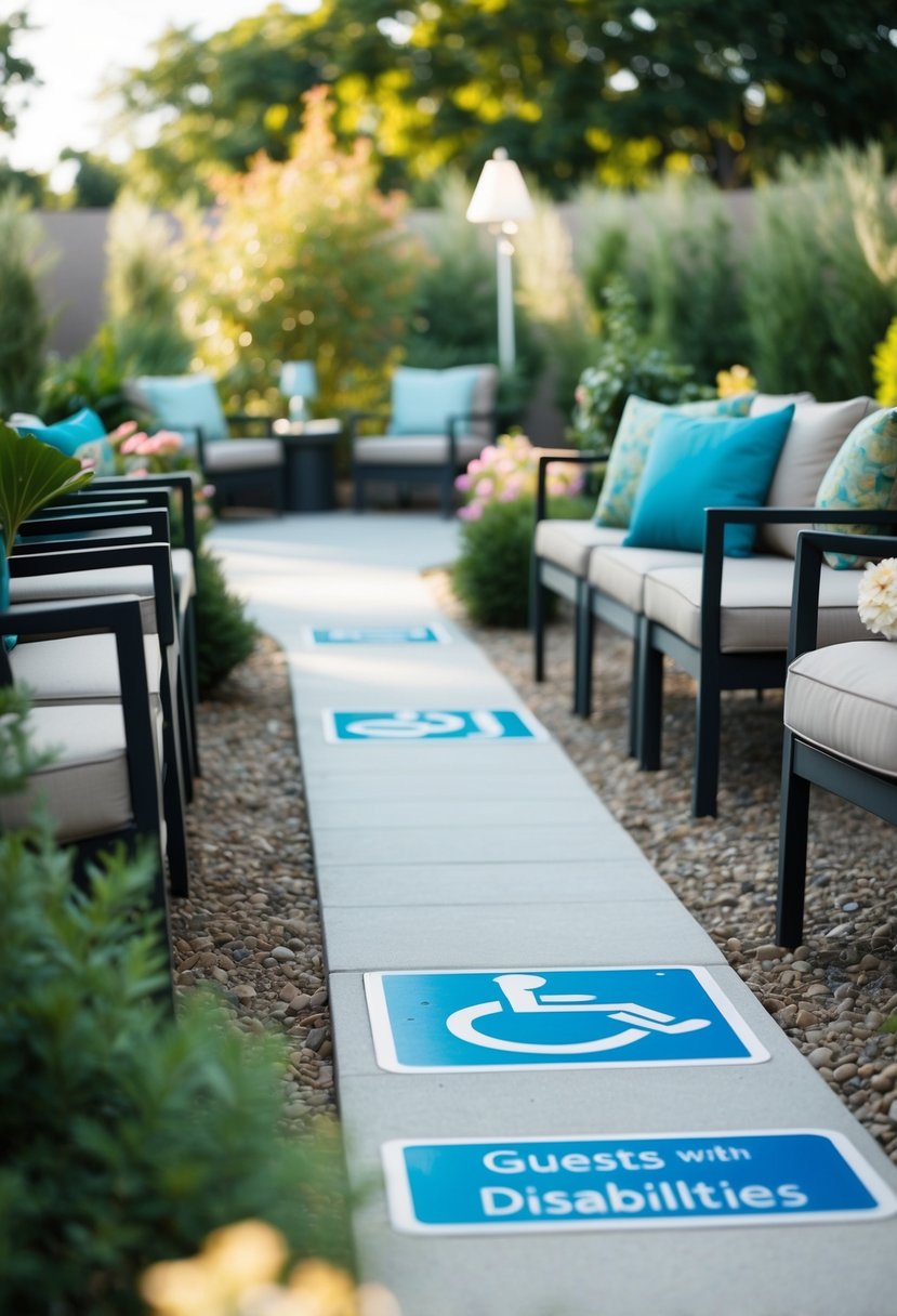 A cozy, outdoor garden setting with level pathways, ample seating, and clear signage for guests with disabilities