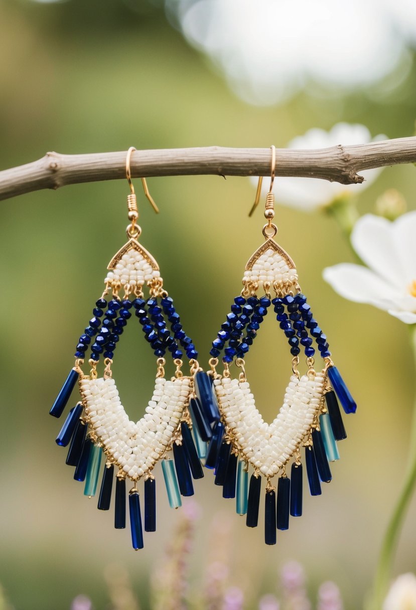 A pair of chandelier earrings adorned with unique beaded designs, perfect for a boho-inspired wedding look