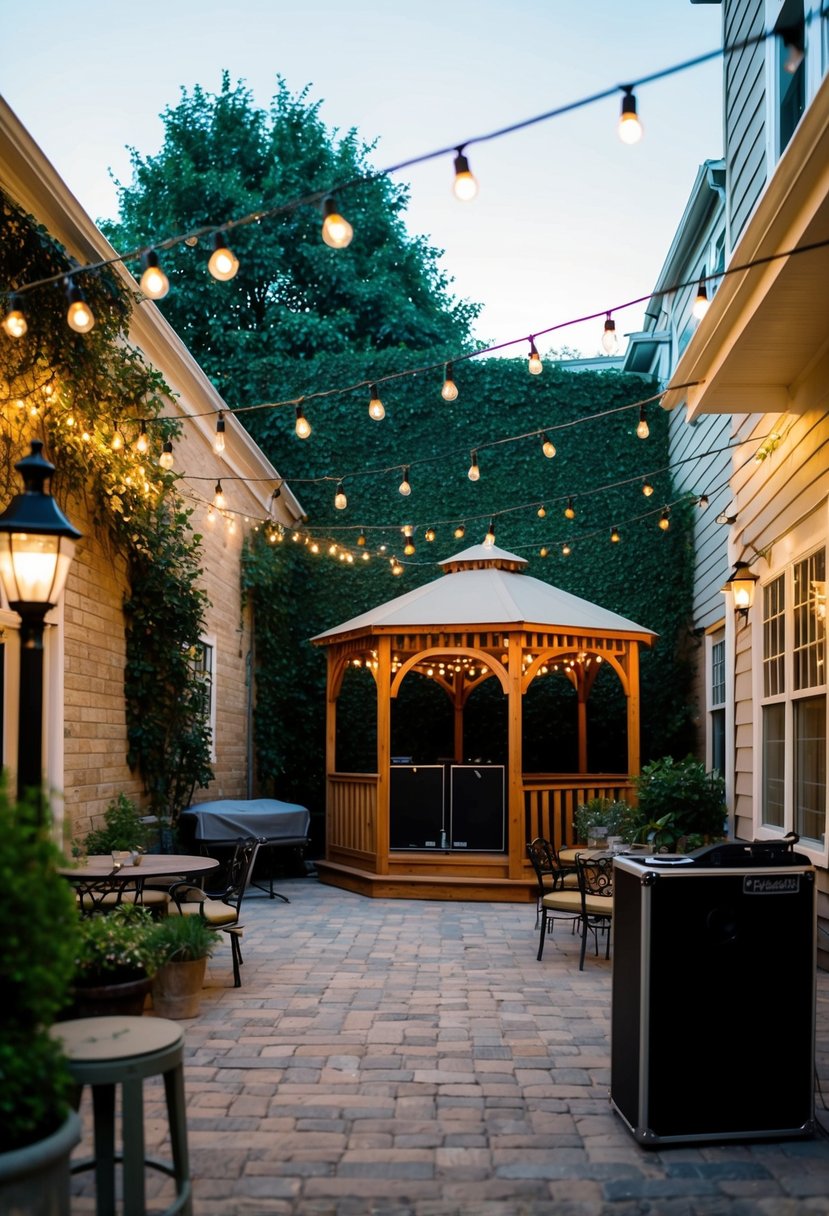 A cozy outdoor courtyard with string lights, a gazebo, and a small stage for live music