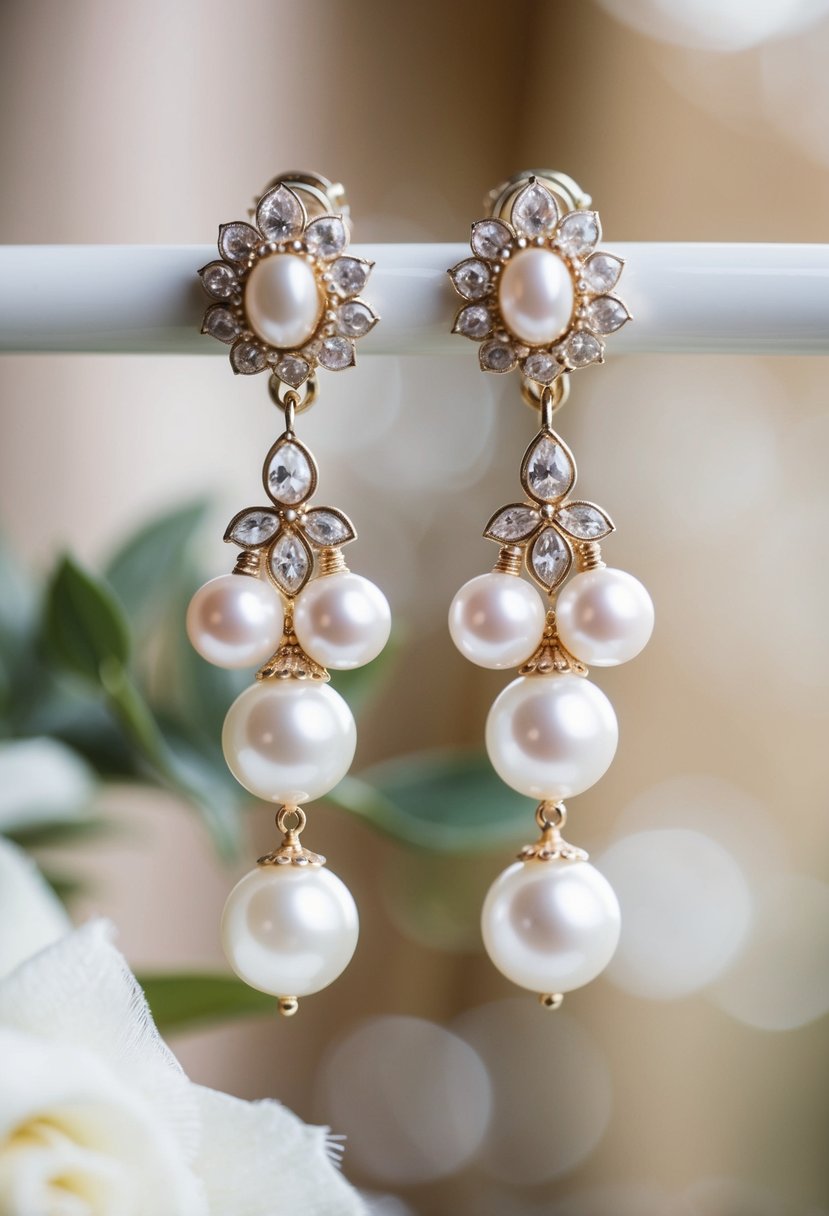 A pair of elegant chandelier earrings featuring delicate pearls and intricate details, perfect for a classic bride on her wedding day