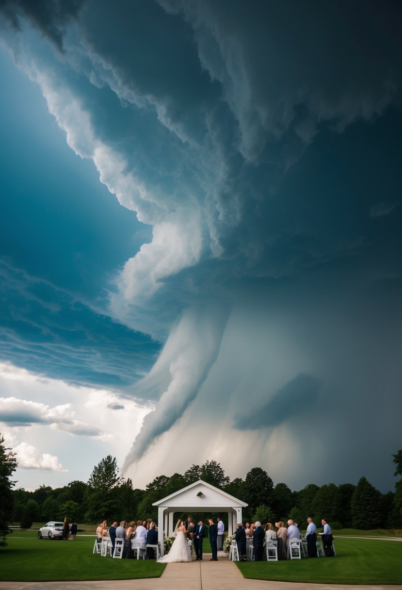 A small wedding venue with clear skies suddenly hit by a dramatic thunderstorm, causing guests to scramble for cover