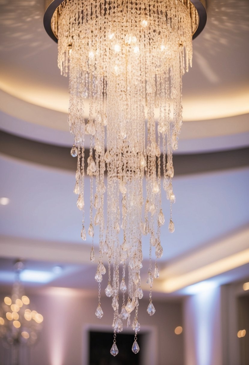 A cascading chandelier made of delicate, handcrafted earrings, glimmering in the soft light of a romantic wedding setting