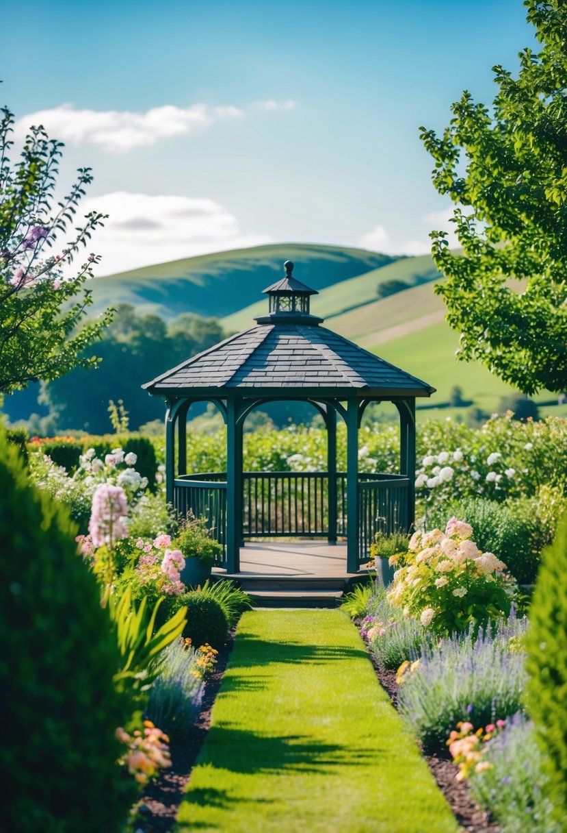 A serene garden with a gazebo, surrounded by blooming flowers and lush greenery, set against a backdrop of rolling hills and a clear blue sky