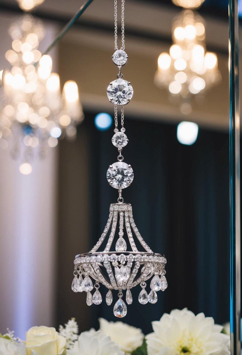 A sparkling cubic zirconia chandelier earring dangles from a display, catching the light in a luxurious wedding setting