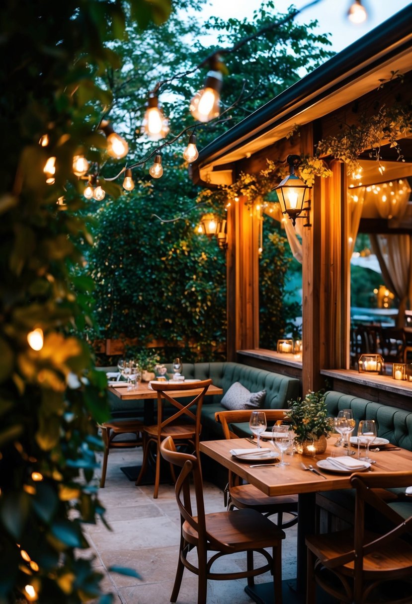 A cozy, intimate restaurant with warm lighting, rustic decor, and a charming outdoor patio nestled among lush greenery