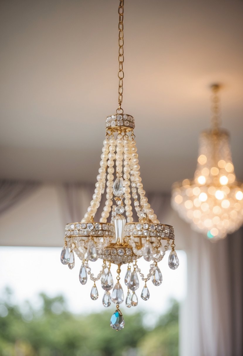 A sparkling chandelier earring with a combination of pearls and crystals, hanging delicately and catching the light in a romantic wedding setting