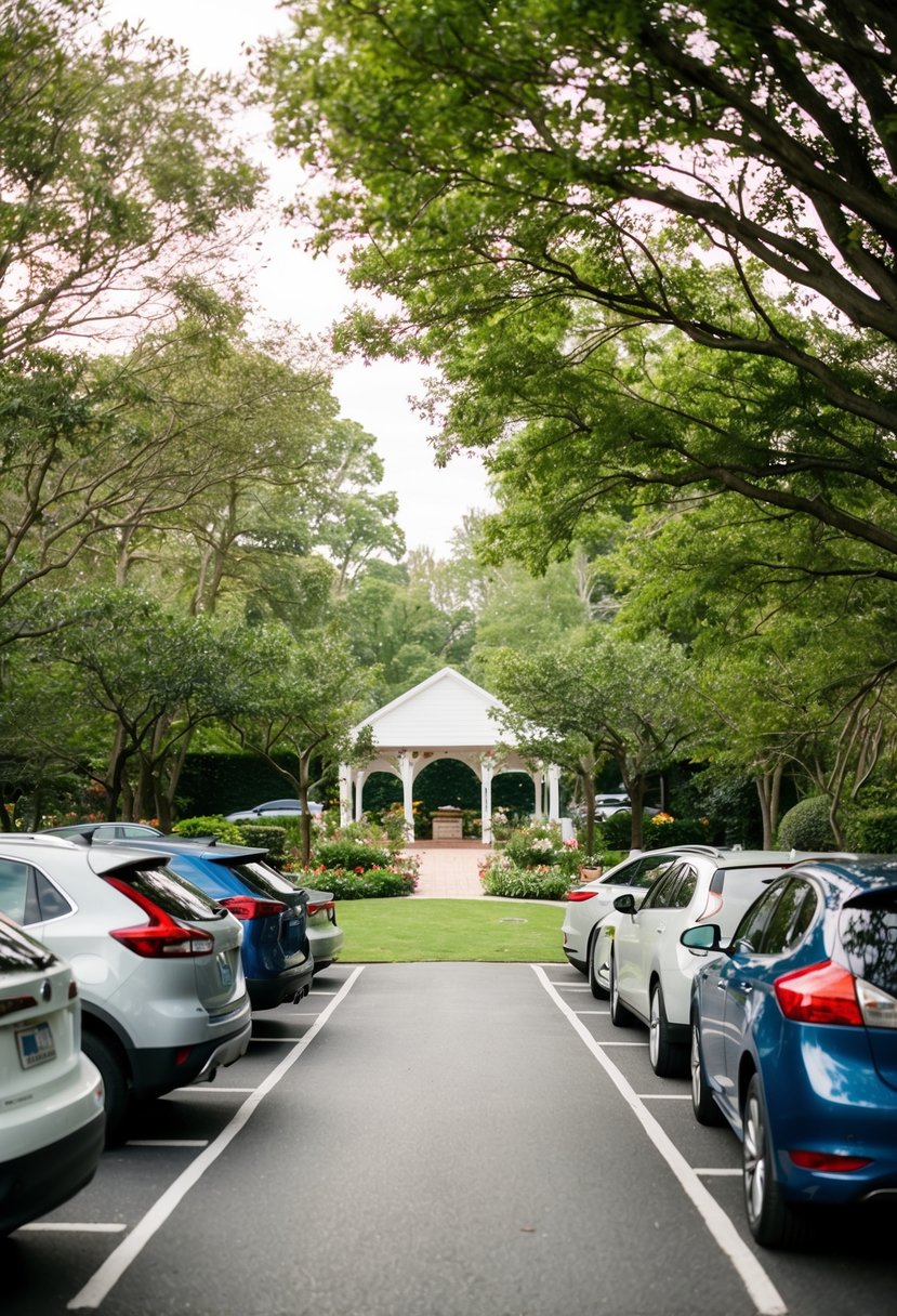 A charming outdoor setting with ample parking spaces nestled among trees and a quaint garden, with a clear path leading to the venue