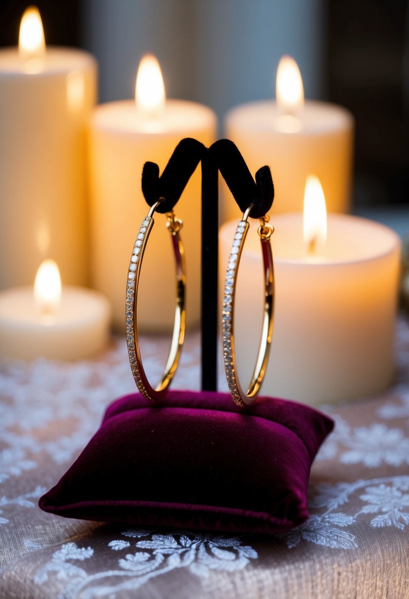 A pair of elegant gold hoop wedding earrings displayed on a luxurious velvet cushion, surrounded by soft candlelight