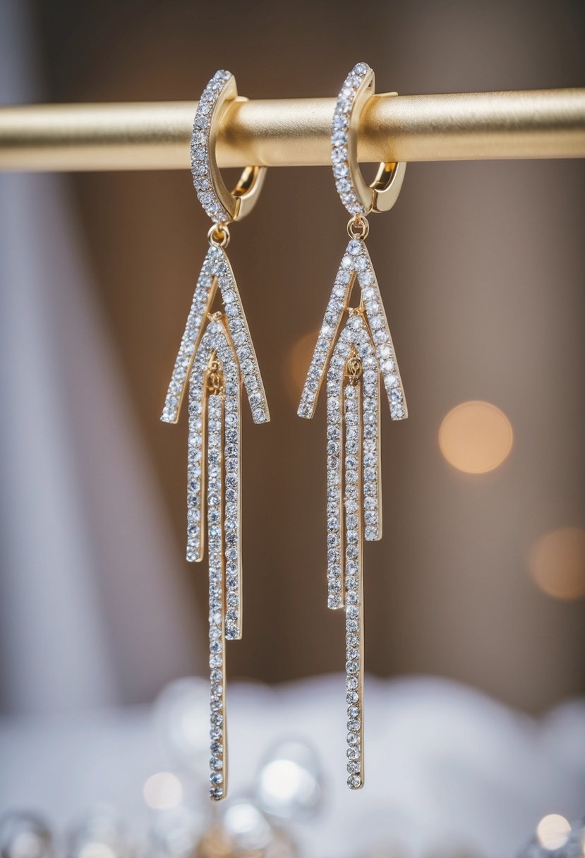 A sparkling chandelier earring design with sleek, linear drops for a wedding