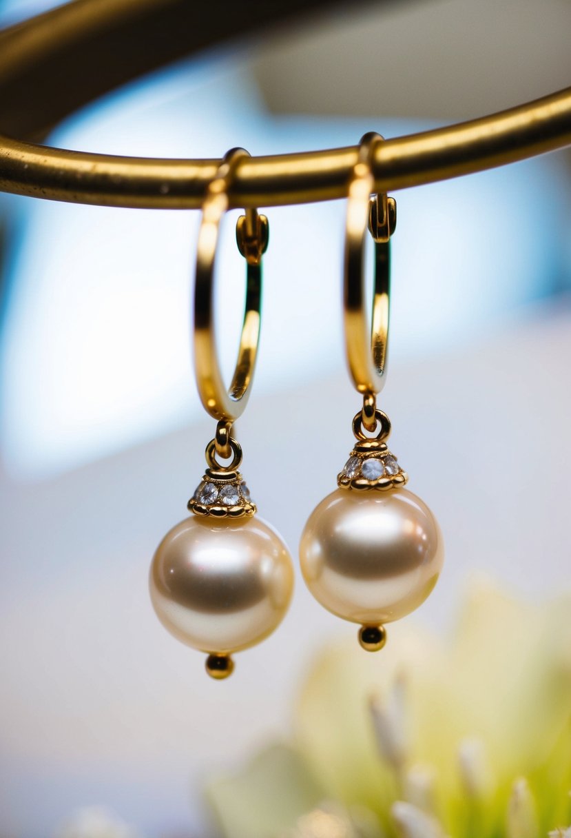 A pair of vintage pearl drop hoop earrings dangle from a gold hoop, catching the light at a wedding reception