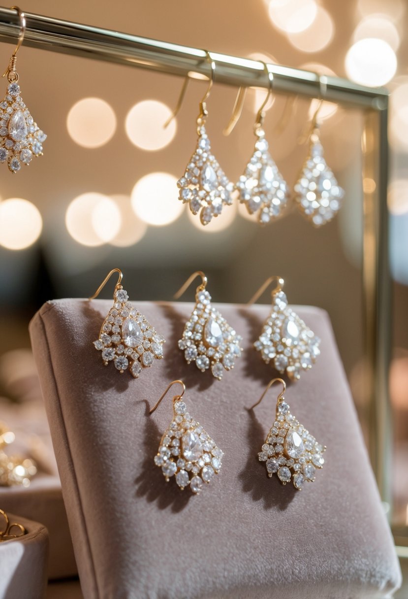 A display of dainty chandelier earrings arranged on a velvet cushion, casting shimmering reflections in soft lighting