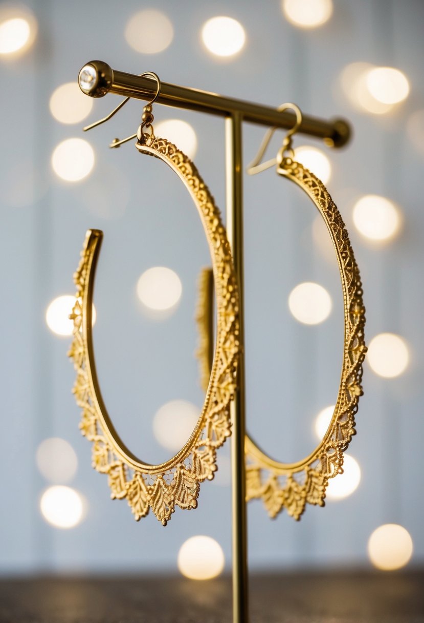 Two delicate gold filigree lace hoops dangle from a stand, catching the light with intricate detail and elegance