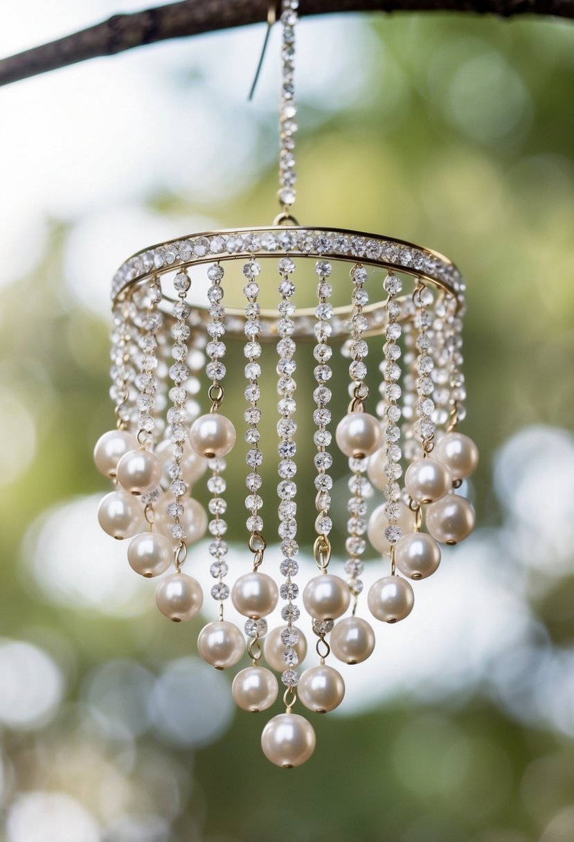 A sparkling chandelier earring design featuring lustrous freshwater pearls cascading from a statement piece, perfect for a wedding