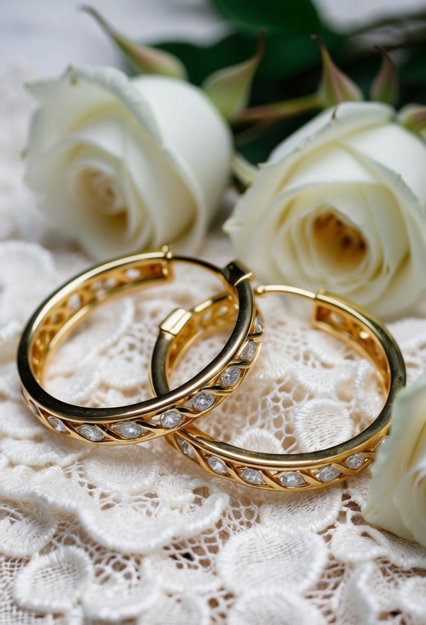 Two gold hoops intertwined with diamond accents, resting on a bed of delicate lace and surrounded by blooming white roses