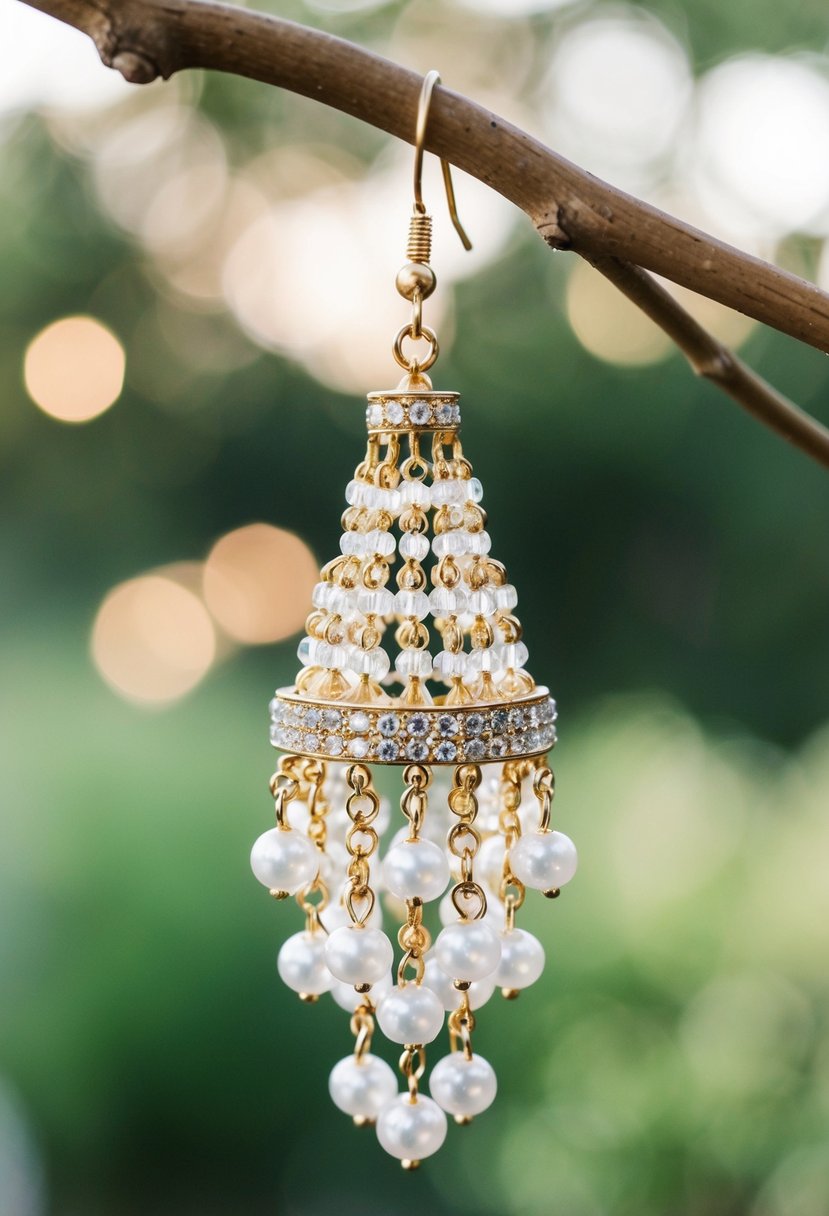 A sparkling chandelier earring with multi-beaded clusters for a dramatic wedding look