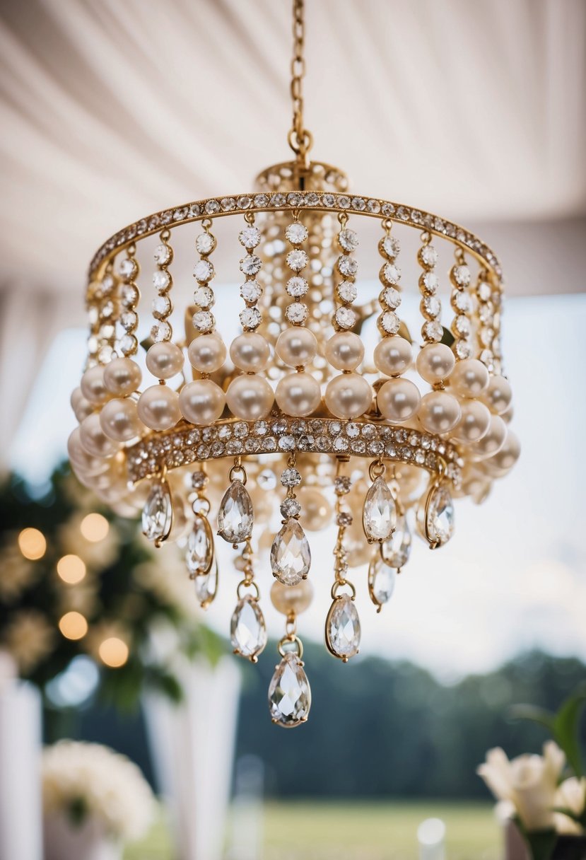 A sparkling chandelier earring with clusters of pearls and crystals, catching the light in a romantic wedding setting