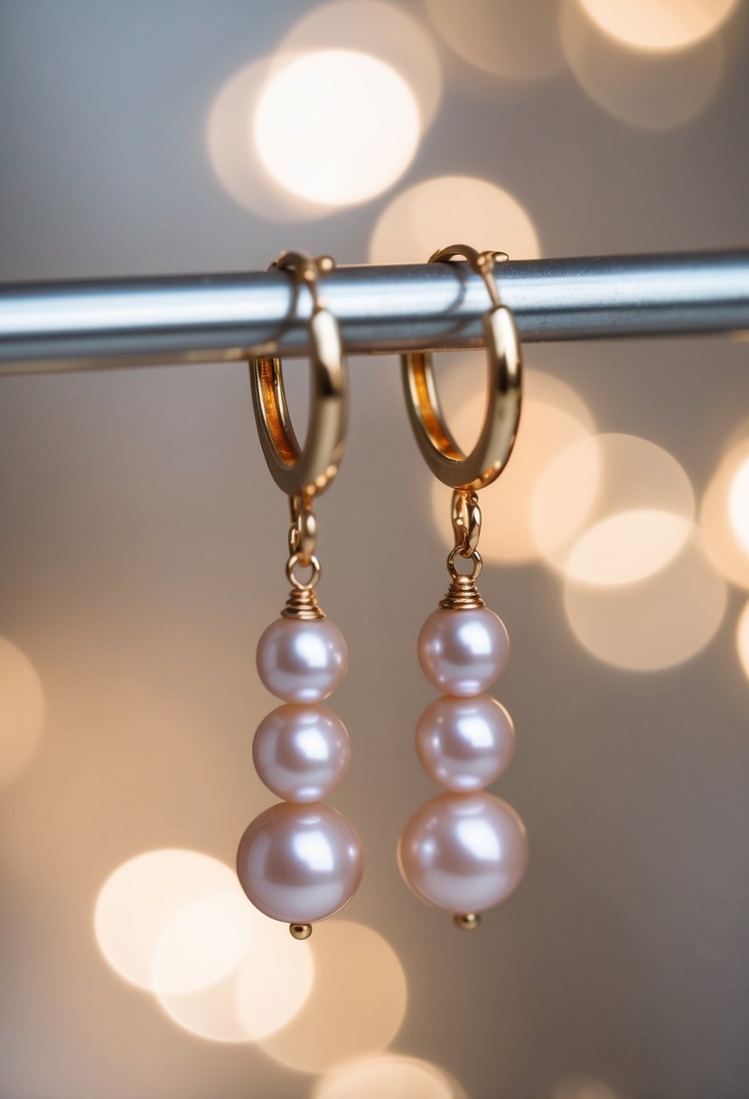 A pair of rose gold pearl hoops dangle from a gold hoop, catching the light and casting a soft, elegant glow