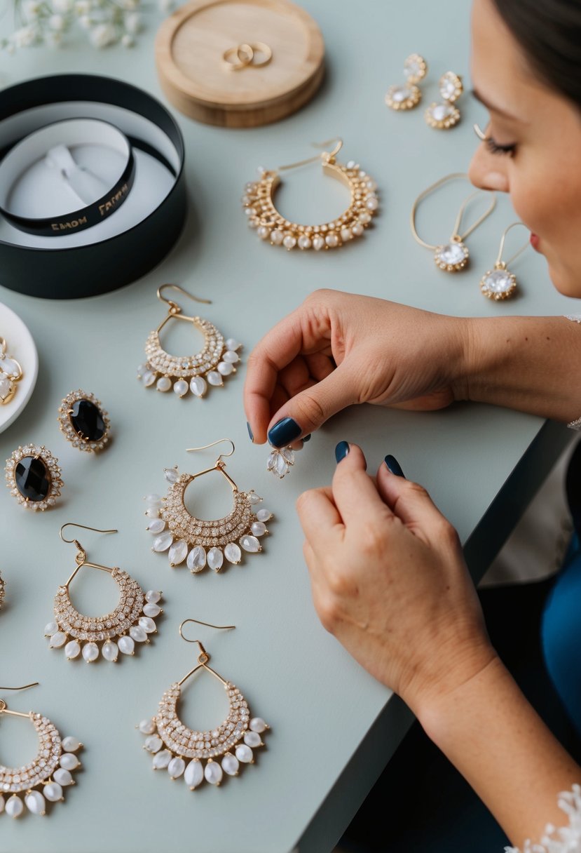 A bride customizing her personalized chandelier wedding earrings, surrounded by various earring design ideas