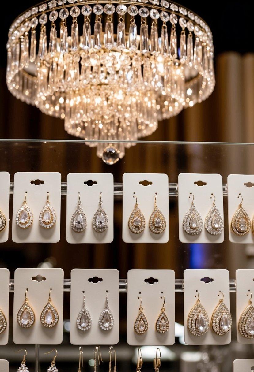 A sparkling chandelier hangs above a display of elegant wedding earrings, offering affordable options for brides