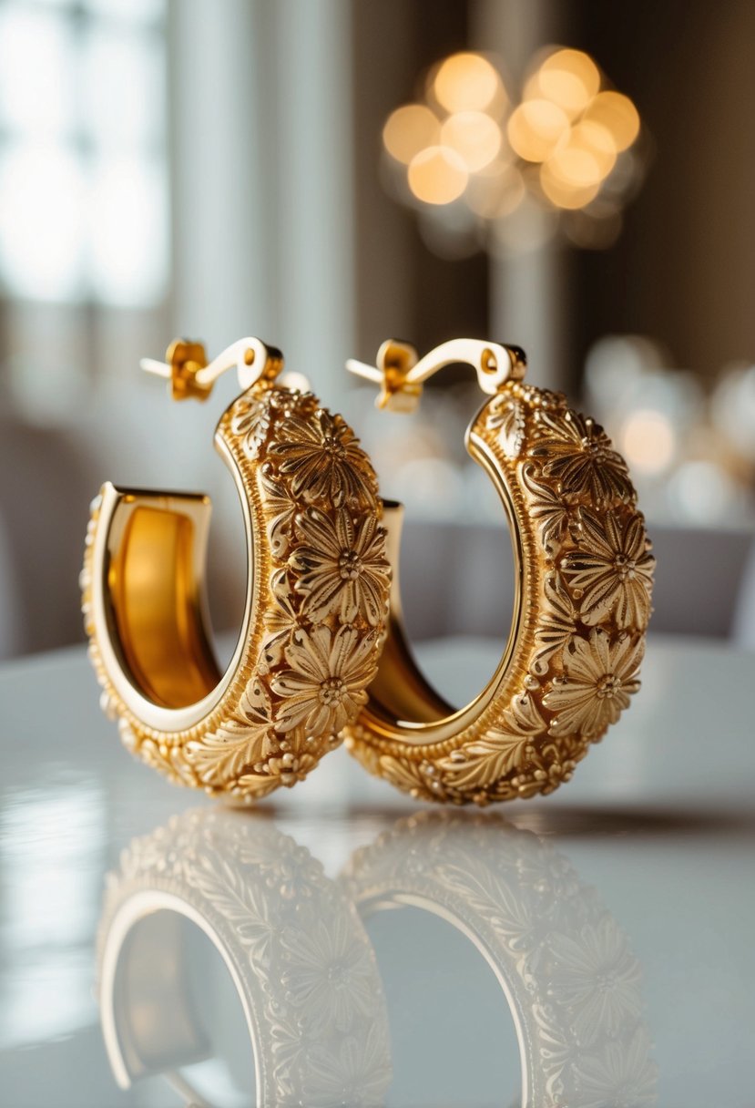 A pair of intricately carved gold hoop earrings adorned with delicate floral designs, catching the light in a luxurious wedding setting