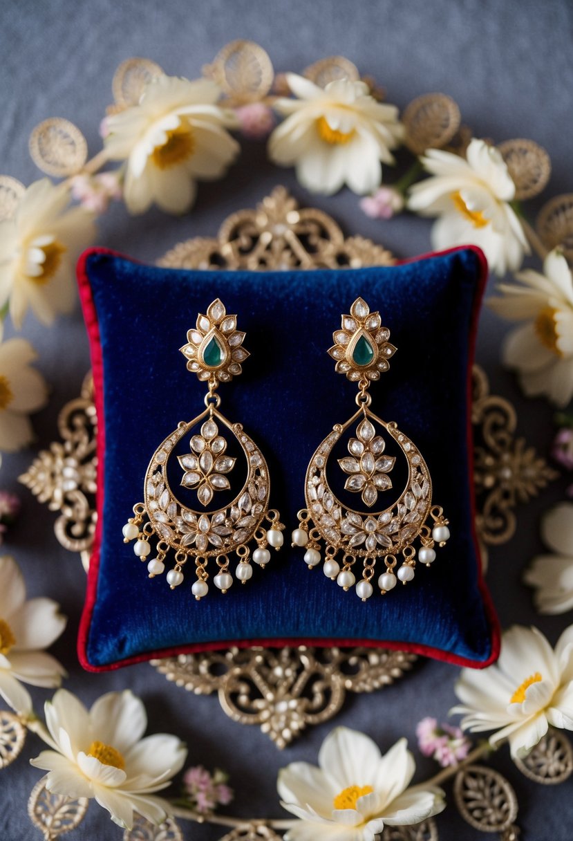 A pair of ornate Pakistani wedding earrings displayed on a velvet cushion, surrounded by delicate floral motifs and intricate filigree designs