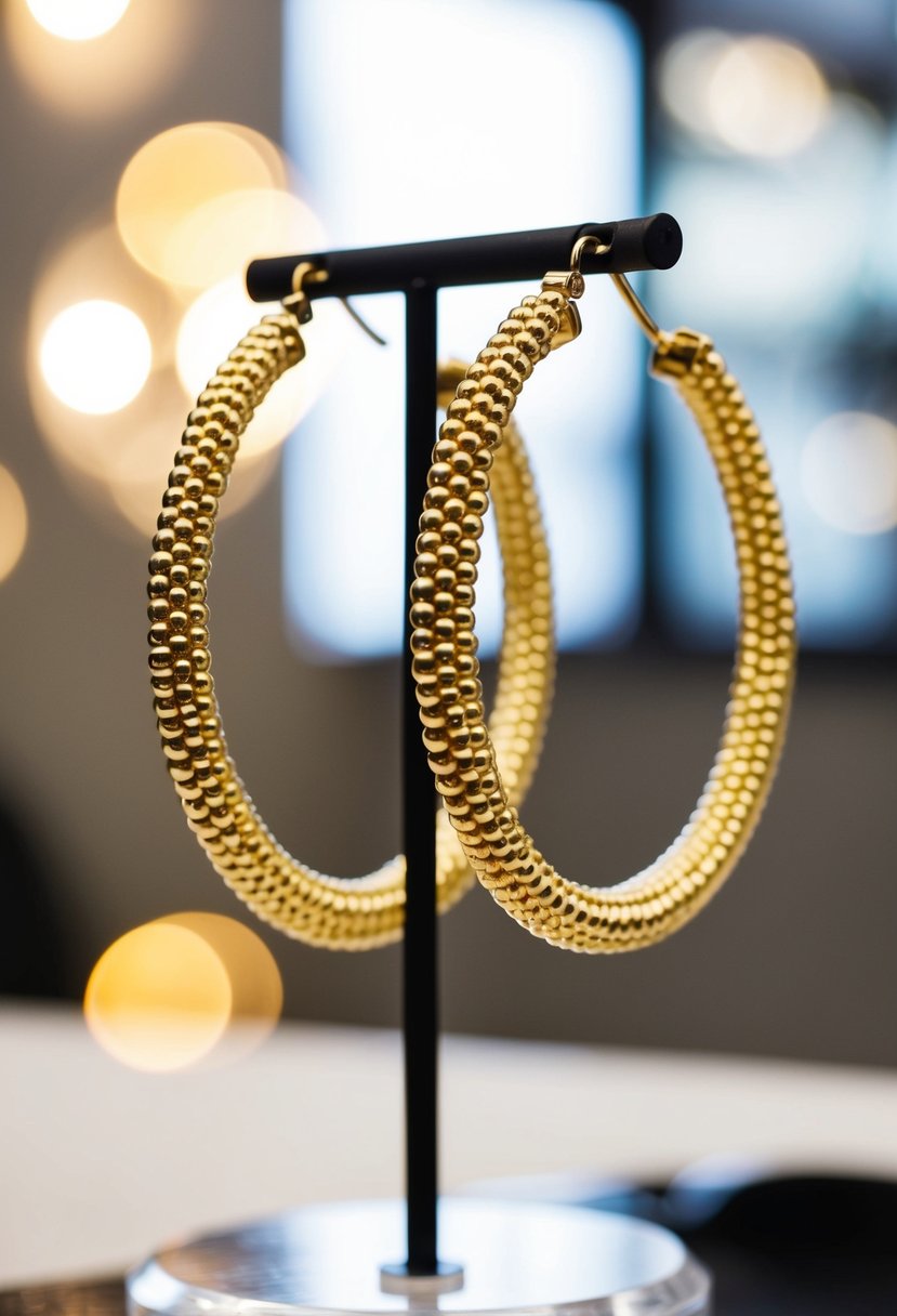 A pair of chic beaded gold hoops dangle from a display stand, catching the light and casting a soft glow