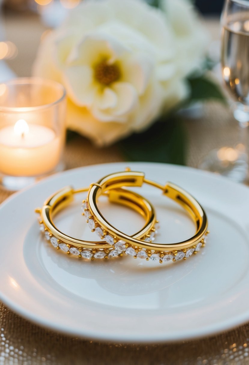 A pair of gold hoops adorned with delicate crystal charms, glinting in the soft light of a wedding reception